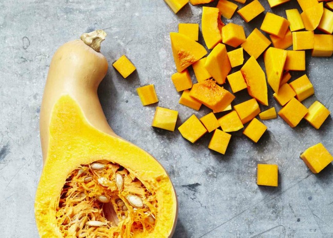 butternut squash cut in half and cubed